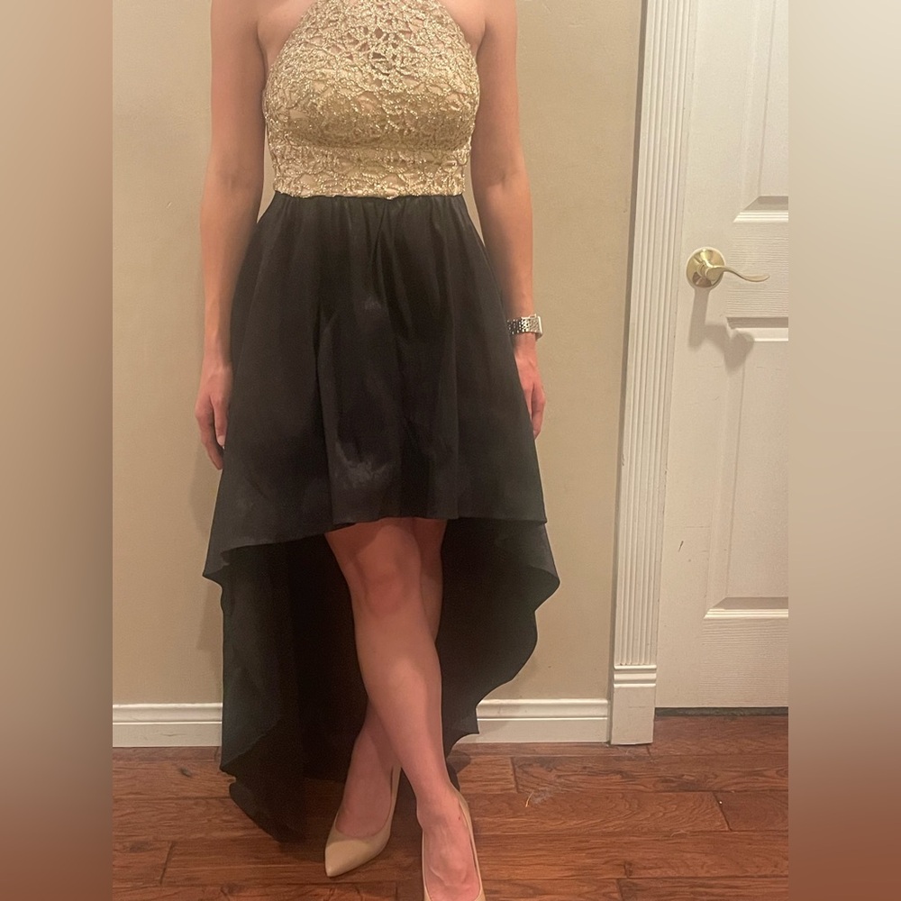 B Darlin Gold Sparkle High Low Dress
